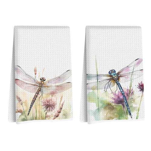2 x Aquarell-Küchentücher, Libellen-Motiv, rustikales Blumenmuster, Waffelmuster, Handtücher für Küche, Zuhause, saugfähiges Mikrofaser-Geschirrtuch, Geschirrtuch, Libelle, Geschenke für Frauen von CQM