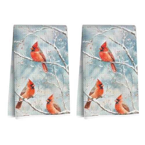Küchenhandtücher in leuchtendem Rot, 61 x 35 cm, Winter, Natur, verschneiter Zweig, dekorative Waffelhandtücher für Küche, Zuhause, Bauernhaus, saugfähiges Mikrofaser-Geschirrtuch, Geschirrtuch, 2 von CQM