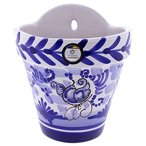 CERÁMICA RAMBLEÑA | Hängender Blumentopf Pileta | Hängender Blumentopf aus Ton | Wandtopf Patios de Cordoba Monteria Blau - Modell D118 | 100% Handdekoriert | 16.5x15x18 cm von CR CERAMICA RAMBLEÑA