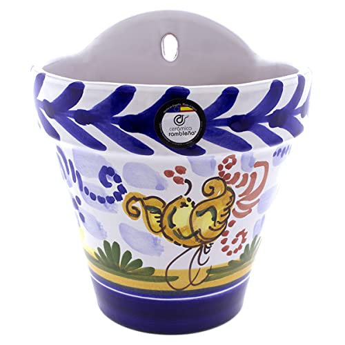 CERÁMICA RAMBLEÑA | Hängender Blumentopf Pileta | Hängender Blumentopf aus Ton | Wandtopf Patios de Córdoba Montería - Modell D125 | 100% handdekoriert | 13.5x12x16 cm von CR CERAMICA RAMBLEÑA