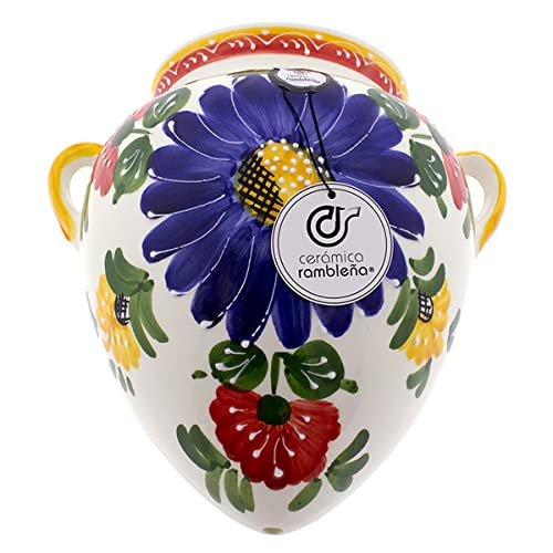CERÁMICA RAMBLEÑA | Hängender Blumentopf aus Ton | Wandtopf mit Blumen verziert - Modell D123 | 100% handdekoriert | 22x16x24 cm von CR CERAMICA RAMBLEÑA