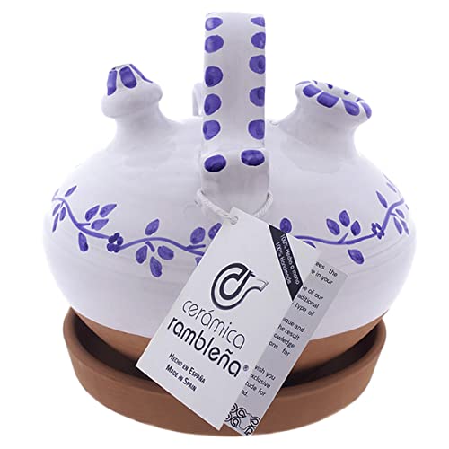 CERÁMICA RAMBLEÑA | Roter Tonkrug | Flacher blau gefliester dekorierter Tonkrug - Modell D05 aus La Rambla (Córdoba) | 100% Handarbeit | 2.5 Liter | Öko | Teller inklusive von CR CERAMICA RAMBLEÑA