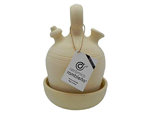 CERÁMICA RAMBLEÑA | Traditioneller Tonkrug mit rundem Henkel und breitem Boden aus La Rambla (Córdoba) | 100% Handarbeit | 3 Liter | ECO | Inklusive Schale von CR CERAMICA RAMBLEÑA