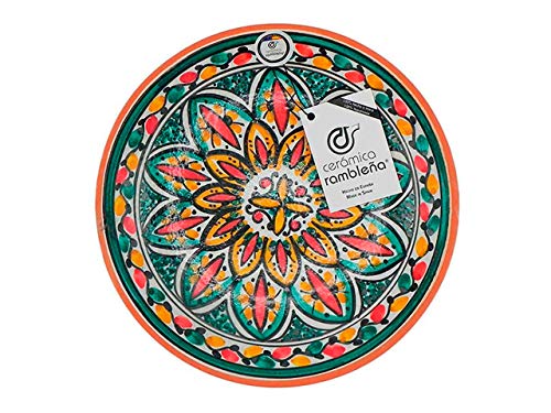 KERAMIK RAMBLEANISCHE | Dekorative Wandhalterung | Keramikteller | Rot-Grün-Gelb | 100% handgefertigt | 27 x 27 x 4,5 cm von CR CERAMICA RAMBLEÑA
