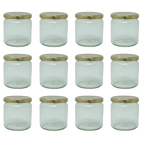 CR Produkte Marmeladengläser Set to 82 405ml mit Aufkleber | Einmachglas Konservenglas mit Deckel zum abfüllen, aufbewahren und befüllen | Optimal für Honig, Marmelade, Obst und Gemüse (Gold, 12) von CR Produkte