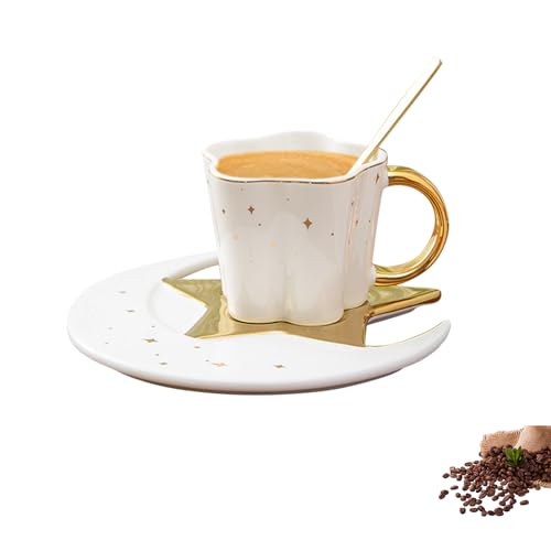 Kaffeetassen mit Löffe & Stern Mond Untertassen, Tassen 120 ml aus Keramik Kaffeetasse, Espressotassen, Lustige Tee Kaffee Becher, für Kaffee, Tee und Milch Lustiges Geschenk Geburtstag von CRADMPAT