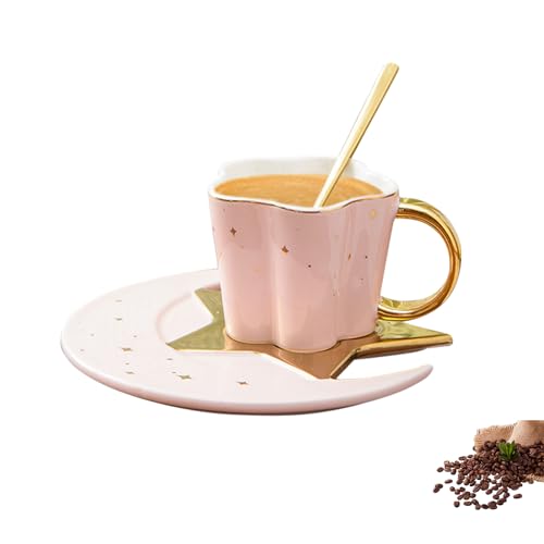 Kaffeetassen mit Löffe & Stern Mond Untertassen, Tassen 120 ml aus Keramik Kaffeetasse, Espressotassen, Lustige Tee Kaffee Becher, für Kaffee, Tee und Milch Lustiges Geschenk Geburtstag von CRADMPAT