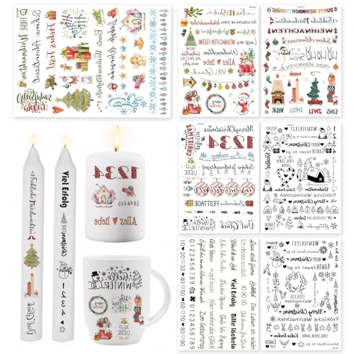 Kerzentattoos Weihnachten,7PCS Kerzentattoos Geburtstag Kerzen Tattoo Weihnachten,Kerzen Tattoo Kerzenfolien Weihnachten Kerzensticker Kerzen Folie Kerzenaufkleber Sticker für Kerzen/Keramik von CRADMPAT