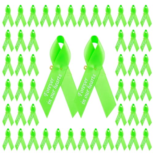CRAFFANCY 100 Stück limettengrüne Satinband-Anstecknadeln, Gedenkband-Broschen in Forever in Our Hearts für Beerdigung, Trauerveranstaltung, Trauer, Trauer, Erinnerung, Polyester, Kein Edelstein von CRAFFANCY