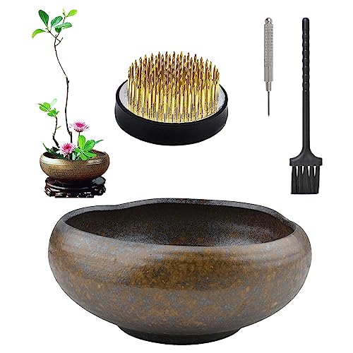 CRAFFANCY Blumenarrangement-Set, Ikebana Schale Japanisch Vase Kamel-Keramik-Übertopf mit 5 cm Kenzan-Blume, Frosch, Keramik, Blumenarrangement, Nadelhalter für Heimdekoration von CRAFFANCY