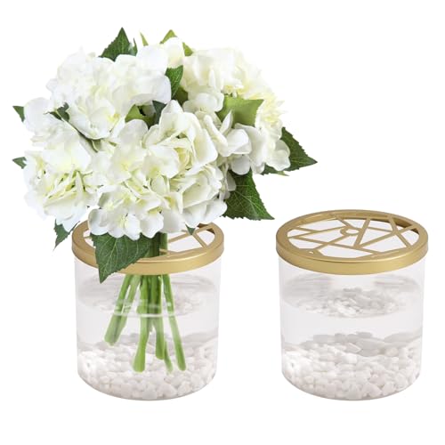 CRAFFANCY Glas-Blumenvase mit dekorativen Steinen, Blumenarrangements, klares Glas, moderne Blumenvase mit goldfarbener Netzabdeckung, für Büro, Heimdekoration von CRAFFANCY