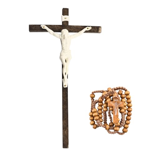 CRAFFANCY Kruzifix Kreuz Set, Rosenkranz Alskette aus Holz mit Kreuz Zum Aufhängen, Christliches Wandkreuz, Katholisches Holzkreuz, Jesus Kolzkreuz für Innendekoration, Kommunion CRAFFANCY Kruzifix Kreuz Set, Rosenkranz Alskette aus Holz mit Kreuz Zum Aufhängen, Christliches Wandkreuz, Katholisches Holzkreuz, Jesus Kolzkreuz für Innendekoration, Kommunion von CRAFFANCY