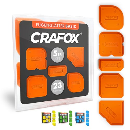 CRAFOX® Fugenglätter 5er SET ORANGE | das Tool für perfekte Fugen | Silikon Abzieher mit 23 Fugenformen | Fugenabzieher inkl. Aufbewahrungsbox | Acryl & Silikonabzieher | Glätter Spachtel Werkzeug von CRAFOX