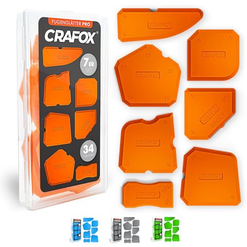 CRAFOX® Fugenglätter 7er SET ORANGE | Extra große Silikon Abzieher mit 34 Fugenformen | Fugenabzieher inkl. Aufbewahrungsbox | Acryl & Silikonabzieher | Glätter - Spachtel - Werkzeug für Fugen von CRAFOX