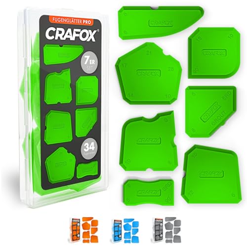 CRAFOX® Fugenglätter 7er SET GRÜN | Extra große Silikon Abzieher mit 34 Fugenformen | Fugenabzieher inkl. Aufbewahrungsbox | Acryl & Silikonabzieher | Glätter - Spachtel - Werkzeug für perfekte Fugen von CRAFOX