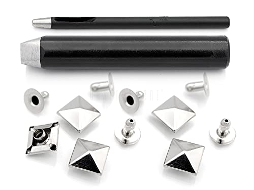 CRAFTMEMORE Pyramidennieten-Set, Spike-Nieten-Einstellwerkzeug, Lochstanzer, 100 Pyramidennieten in Silber (10 mm) von CRAFTMEMORE