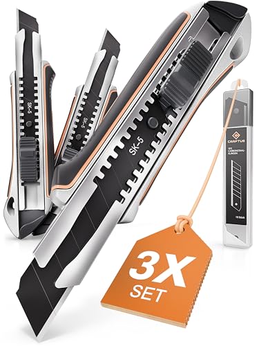CRAFTUS® Profi Cuttermesser Set [3 Stück] aus Aluminium für Maximale Lebensdauer, Robuste Teppichmesser inkl. 10 SK5 Carbonstahl Abbrechklingen 18mm, für Heimwerker & Gewerbe von CRAFTUS