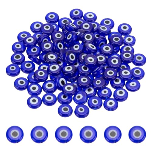 CRAFTYMELODY 100 Stück Evil Eye Lampwork Perlen Handgefertigt Flach Rund Abstandsperlen 9.5mm Blau Evil Eye Charms Türkische Augenperle Zur Schmuckherstellung von CRAFTYMELODY