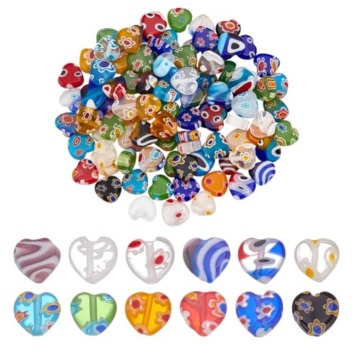 CRAFTYMELODY 100 Stück Herz Handgefertigte Millefiori Lampwork Perlen Glasblumenperle 8mm Liebesform Lose Abstandsperlen Für Schmuckherstellung von CRAFTYMELODY