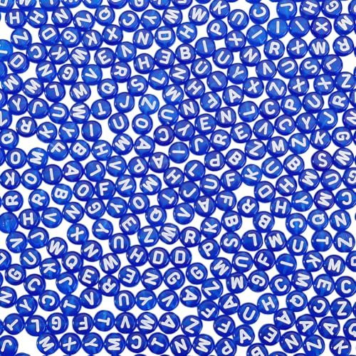 CRAFTYMELODY 1000 Stück Buchstabenperlen Transparente Acryl Alphabetperlen Blaue Flache Runde Scheibenbuchstaben Abstandshalter Weißes Alphabet Muster Lose Abstandshalter Charms von CRAFTYMELODY