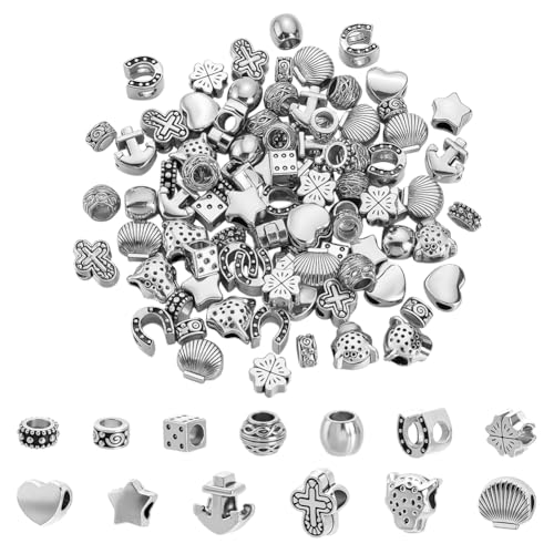 CRAFTYMELODY 130 Stück 13 Stile Tibetischer Stil Legierung Europäische Perlen Große Lochperlen Runde Herzwürfel Antik Silber Spacer Perle Mit Muster Loses Zubehör von CRAFTYMELODY