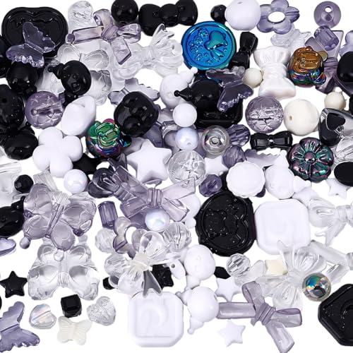 CRAFTYMELODY 140 Stück Arcylic Perlen Sortiert Schwarz Weiß Tansparent Undurchsichtig Bowknot Herz Stern Runde Schmetterling Lose Spacer Perlen von CRAFTYMELODY