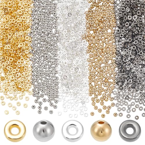 CRAFTYMELODY 1560 Stück 5 Stile Verschiedene Abstandsperlen Flache Runde Abstandsperlen Golden Platiniert Silberfarben Schwarz Flache Scheiben Abstandshalter Sets Zur Herstellung Loser Perlen von CRAFTYMELODY