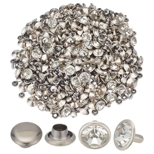 CRAFTYMELODY 200 Set Messing Strassnieten 10mm Flach Rund Weiß Durchsichtig Kristallniete Mit Kappen Und Nieten Für Lederhandwerk DIY Herstellung von CRAFTYMELODY
