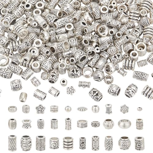 CRAFTYMELODY 300 Stück Tibetische Abstandsperlen 30 Stile Legierung Großes Loch Fass Rondell Säulenperlen Antiksilber Für Die Schmuckherstellung von CRAFTYMELODY