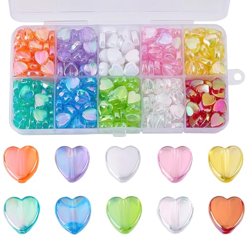 CRAFTYMELODY 350 Stück Arcylic Herzperlen 10 Farben Transparent Liebe Lose Abstandsperlen 8x8x3mm Großpackung Rot Rosa Blau Grün Herz Zur Schmuckherstellung von CRAFTYMELODY