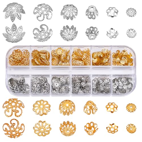 CRAFTYMELODY 370 Stück Blumenperlenkappe 12 Stile Metall Blumenperlen Endkappe Florale Perlen Endkappe Florale Perlenkappe Filigran Zur Schmuckherstellung von CRAFTYMELODY