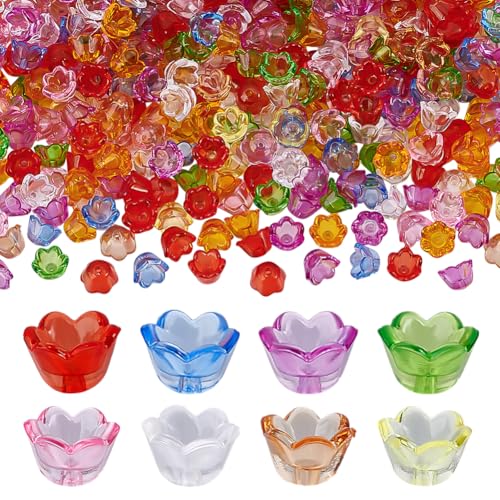 CRAFTYMELODY 500 Stück Zufällige Blumenperlenkappen Transparente Arcylic Trompetenglockenblumenperlen 10x6mm Für DIY Schmuckherstellung von CRAFTYMELODY