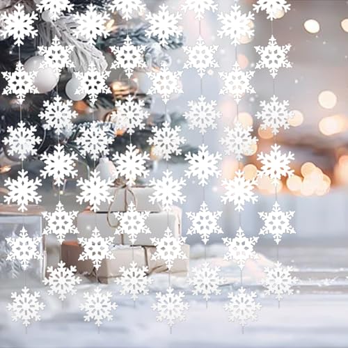 CRAFTYMELODY 6 Stück Schneeflockengirlande Dekorationsset Weiß Glitzer Schneeflocken Girlande Winterparty Hängende Deckenschlangen Papier Schneeflockenbanner von CRAFTYMELODY