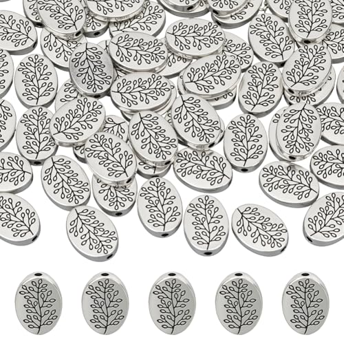 CRAFTYMELODY 70 Stück Antik Silber Oval Mit Blatt Spacer Perlen Tibetischer Stil Legierung Blatt Perlen Oval Form Lose Spacer Perle Metall Baum Zweig Muster Perle von CRAFTYMELODY