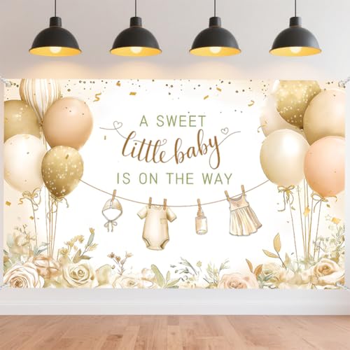 CRAFTYMELODY Babyparty Banner 7244 x 3.2(1) cm „A Sweet Little Baby Is On The Way“ Banner Goldener Hintergrund Für Drinnen Und Draußen Mit Ösen (2)(7) m Lange Schnur von CRAFTYMELODY