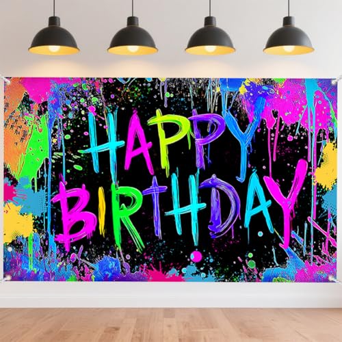 CRAFTYMELODY Happy Birthday Banner 7244 x 3.2(1) cm Graffiti Splash Banner Hintergrund Neon Geburtstagsparty Wandbanner Hofschild Mit (2)(9) m Langer Schnur von CRAFTYMELODY
