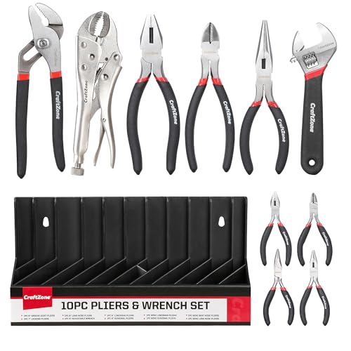 CRAFTZONE 10-teiliges Zangen- und Schraubenschlüssel-Set, inkl. Gleitgelenkzange, Spitzzange, Linesmanzange und verstellbarem Schraubenschlüssel, mit Rack. Für Heimwerker und Heimgebrauch von CRAFTZONE