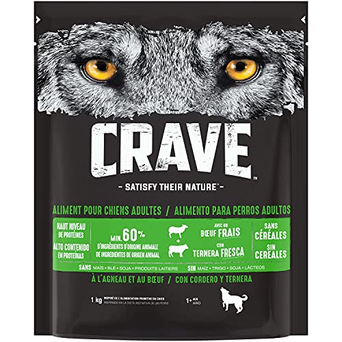 CRAVE Trockenfutter für ausgewachsene Hunde mit Lamm- und Rindfleischgeschmack, 6 Beutel à 1 kg – Trockenfutter ohne Farbstoffe, Aromen oder Konservierungsstoffe, mit einem hohen Proteingehalt von CRAVE