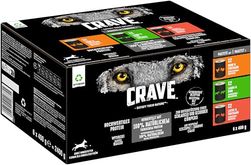 CRAVE Adult Hundefutter nass ohne Getreide - 6x400g Dosen - Premium Nassfutter für Hunde in 3 verschiedenen Sorten - mit 100 Prozent natürlichem Protein von Crave