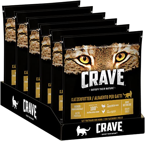 Crave Adult Trockenfutter mit Truthahn & Huhn, 6 Beutel, 6x750g – Premium Katzenfutter trocken mit hohem Proteingehalt und ohne Getreide – Hergestellt mit 100 Prozent natürlichem Huhn von Crave