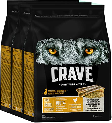 Crave Premium Trockenfutter Huhn mit Knochenmark und Urgetreide für Hunde – Getreidefreies Adult Hundefutter mit hohem Proteingehalt – 3 x 2,8 kg von Crave