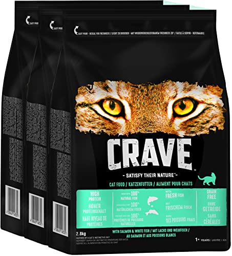 Crave Premium Trockenfutter mit Lachs & Weißfisch für Katzen – Getreidefreies Adult Katzenfutter mit hohem Proteingehalt –3 x 2,8 kg von CRAVE