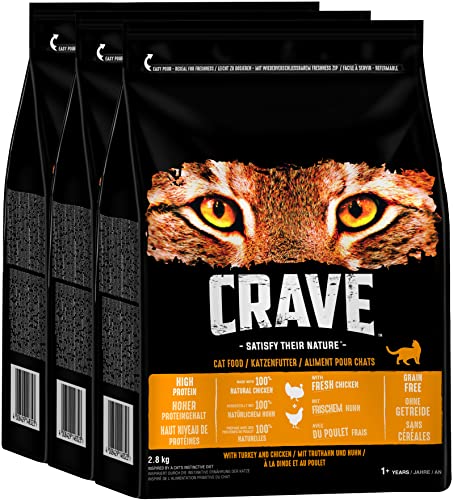Crave Premium Trockenfutter mit Truthahn & Huhn für Katzen – Getreidefreies Adult Katzenfutter mit hohem Proteingehalt – 3 x 2,8 kg von Crave