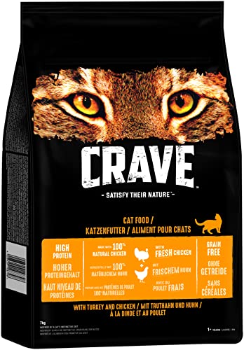 Crave Adult Trockenfutter mit Truthahn & Huhn, 7kg (1 Beutel) – Premium Katzenfutter trocken mit hohem Proteingehalt und ohne Getreide – Hergestellt mit 100 Prozent natürlichem Huhn von Crave