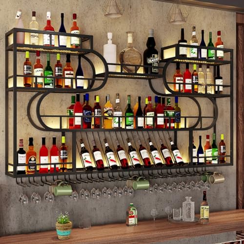 CRBUDY An der Wand montiertes Weinregal mit LED-Licht, Barregale mit hängendem Weinglashalter, industrielles Regal für Spirituosenflaschen, Weinlagerregale aus Metall, schwebende Regale, von CRBUDY