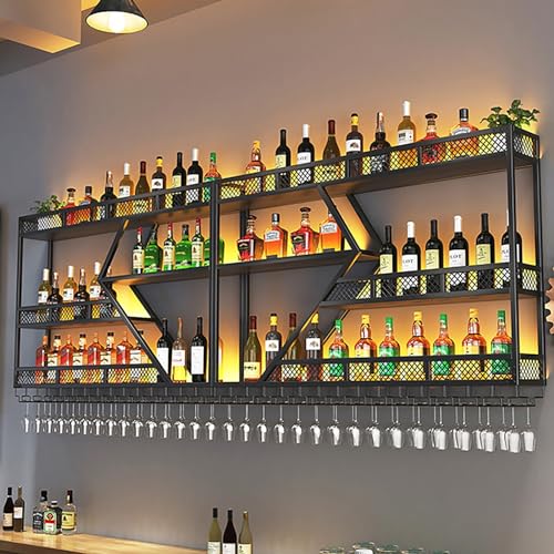 CRBUDY Großes 3-stufiges, an der Wand montiertes Weinregal, LED-Lichtregal für Spirituosenflaschen, industrielles Spirituosenregal mit Weinglashalter, schwebende Metallregale, Weinlagerr von CRBUDY