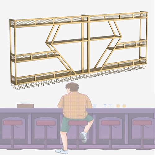 CRBUDY Großes Weinregal zur Wandmontage mit LED-Leuchten, hängender Flaschenglashalter, 3-stufiges Spirituosenregal, schwebende Regale, Display, Aufbewahrung, Organizer, Stielgläser, Kel von CRBUDY