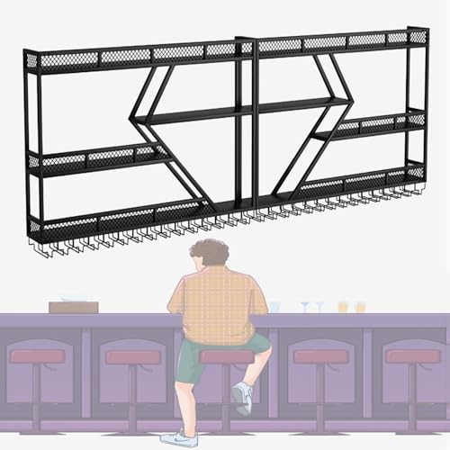 CRBUDY Großes Weinregal zur Wandmontage mit LED-Leuchten, hängender Flaschenglashalter, 3-stufiges Spirituosenregal, schwebende Regale, Display, Aufbewahrung, Organizer, Stielgläser, Kel von CRBUDY