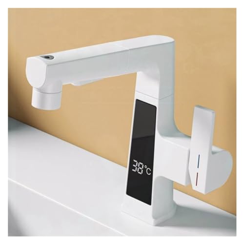 CRBUDY Intelligenter Temperatursensor Digital Display Wasserhahn LED Badezimmer Wasserhahn Messing Waschtischarmaturen Kaltes Warmwasser Herausziehen L Ting, einfache Installation (Bianco) von CRBUDY