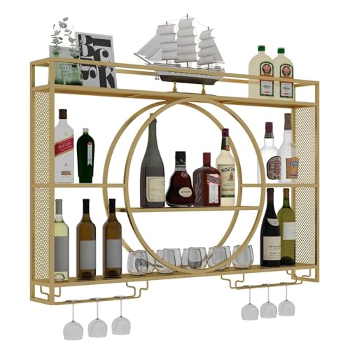 CRBUDY Modernes Weinlagerregal zur Wandmontage mit LED-Licht und Weinglashalter, Eisen-Bar-Spirituosenregal, schwebende Wand-Weinregale, Bar-Alkoholflaschen-Ausstellungsregal für die Küch von CRBUDY